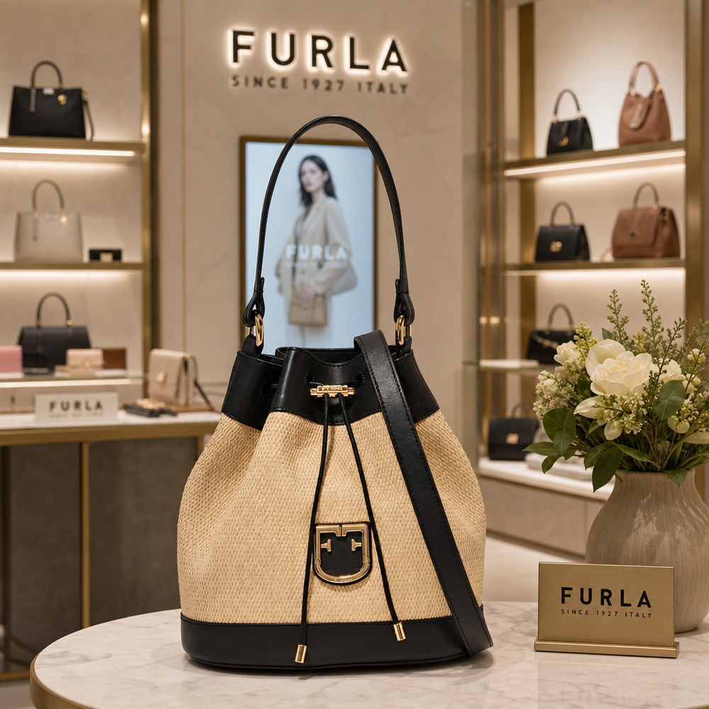✨️ Furla NWT Corona Small Straw Leather Bucket Bag Beige Onyx Black Crossbody✨️